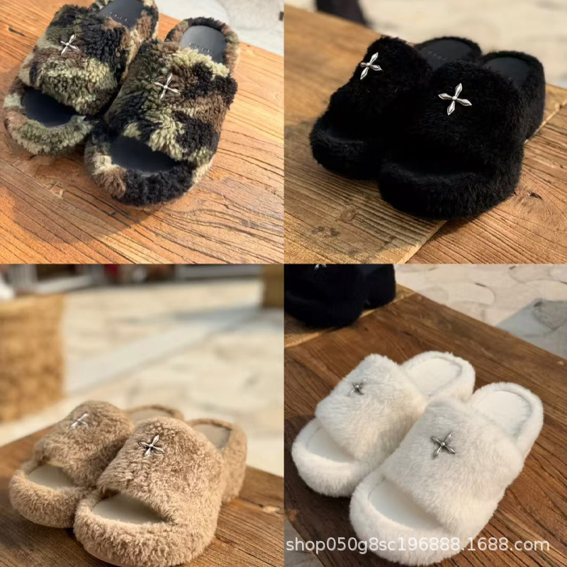 Smfr Cross Statue Fur Integrated High-Heeled Slippers Design Multi-Color Shearling Heightening Outer Wear Women's Shoes 25 Winter