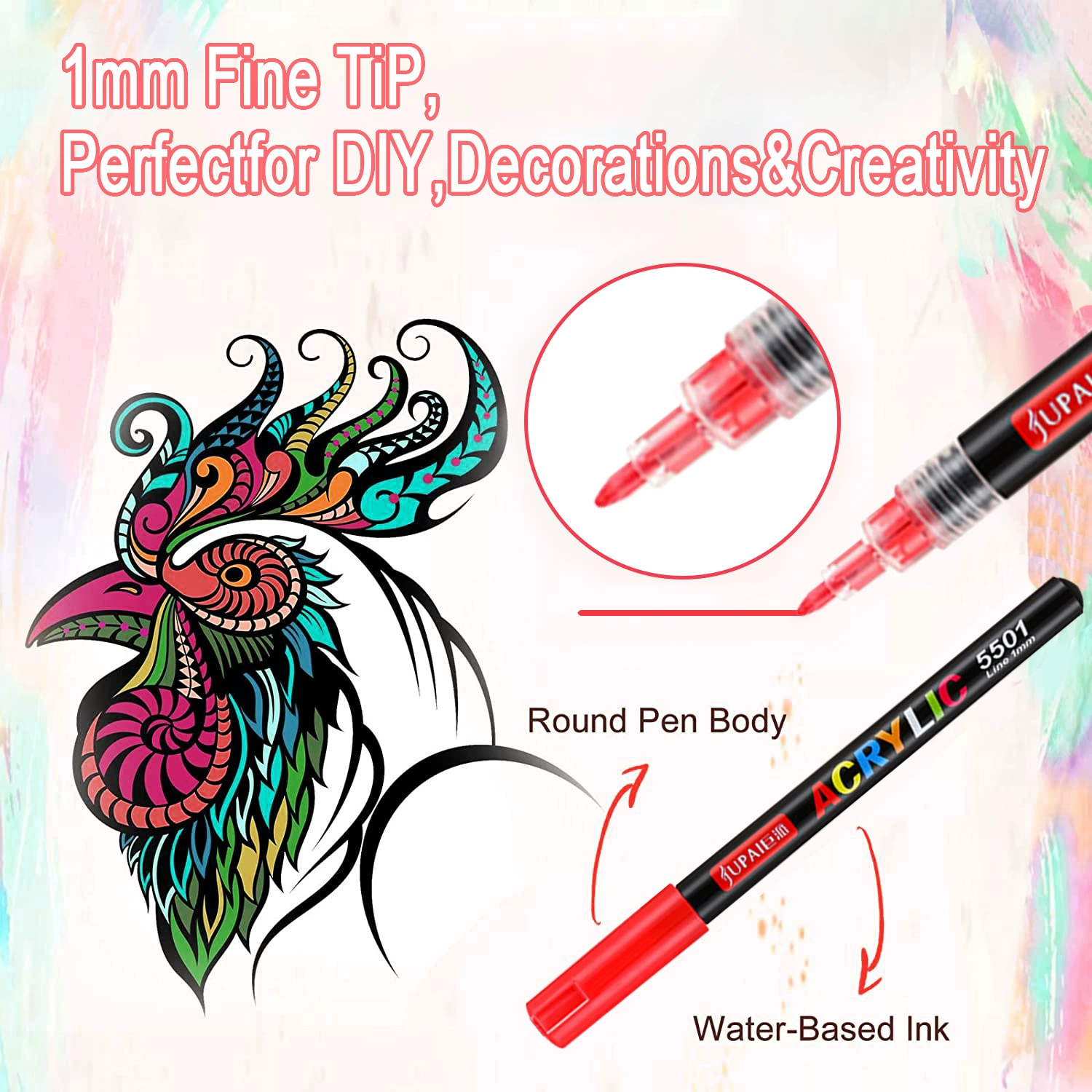 Acrylic, highlighter, art rollerball pen, liner, marker, hand painting