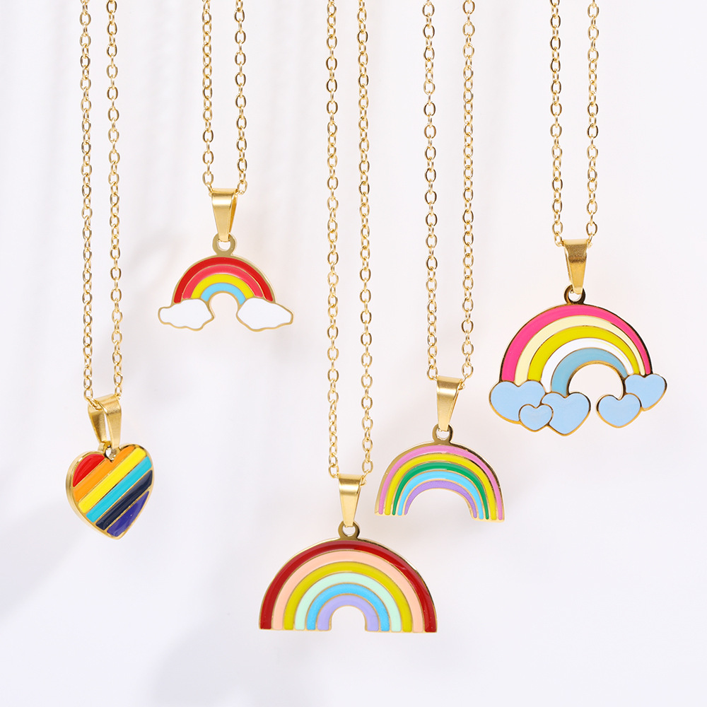 Fashion Simple New Sweet Cute Drop Oil Rainbow Heart Pendant Stainless Steel Necklace