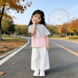 韩版卡通印花儿童短袖t恤时尚纯棉圆领上衣女童夏季衣服渐变体恤