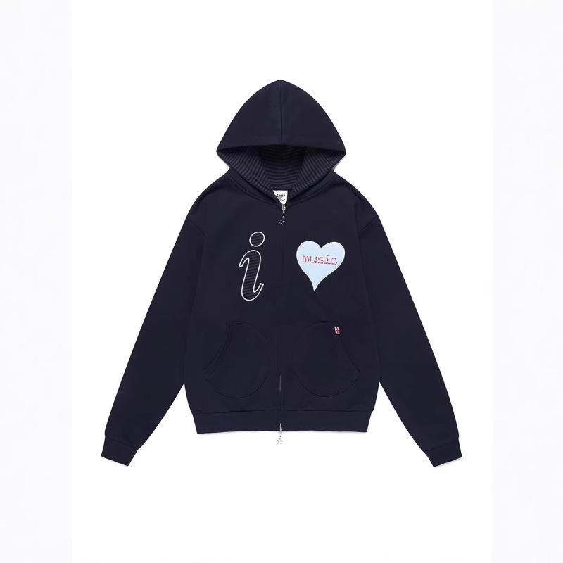 American-Style Ins Style I Love Music Hooded Sweatshirt with Star Patch Sleeves, Unisex Cross-Border Zip-Up Jacket