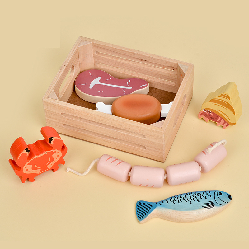 Role-Playing Simulation Seafood Dessert Wooden Frame Set Early Education Cognitive Large Particle Building Blocks Children's Educational Kitchen Toys