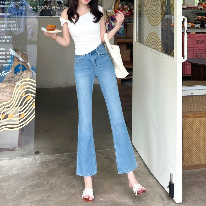 Same Style as Dai Jia'Er, Four-Way Stretch! Spring and Summer Versatile Light Blue Slim-Fit Cropped Jeans with Slight Flare 509