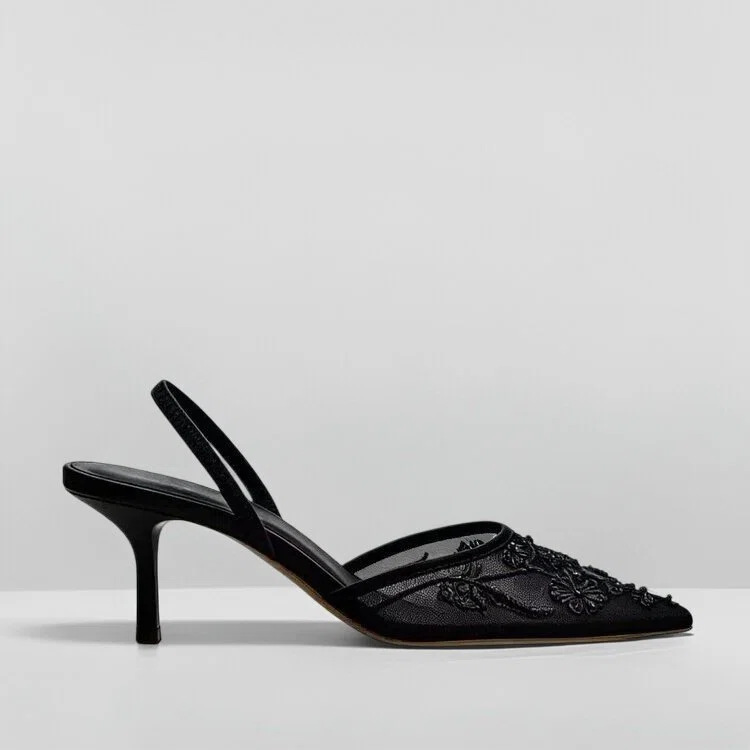 Sandalias de Tacón Alto con Malla y Bordado de Tejido y Caucho, Diseño en Punta, para Verano