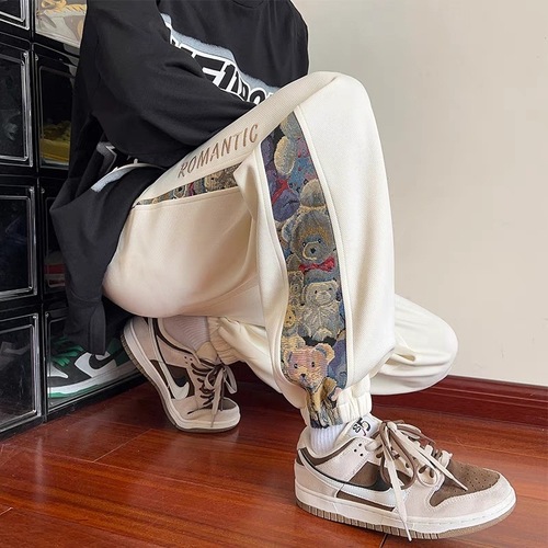 Men's Loose Sweatpants with Embroidery, Chinese Style Spring and Summer Fashion Casual Elastic Waist Bottoms