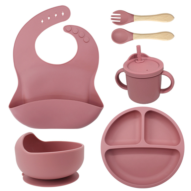 Juego de vajilla de silicona para niños Tazón de alimentación de grado alimenticio para bebés Taza de pajita molar para bebé