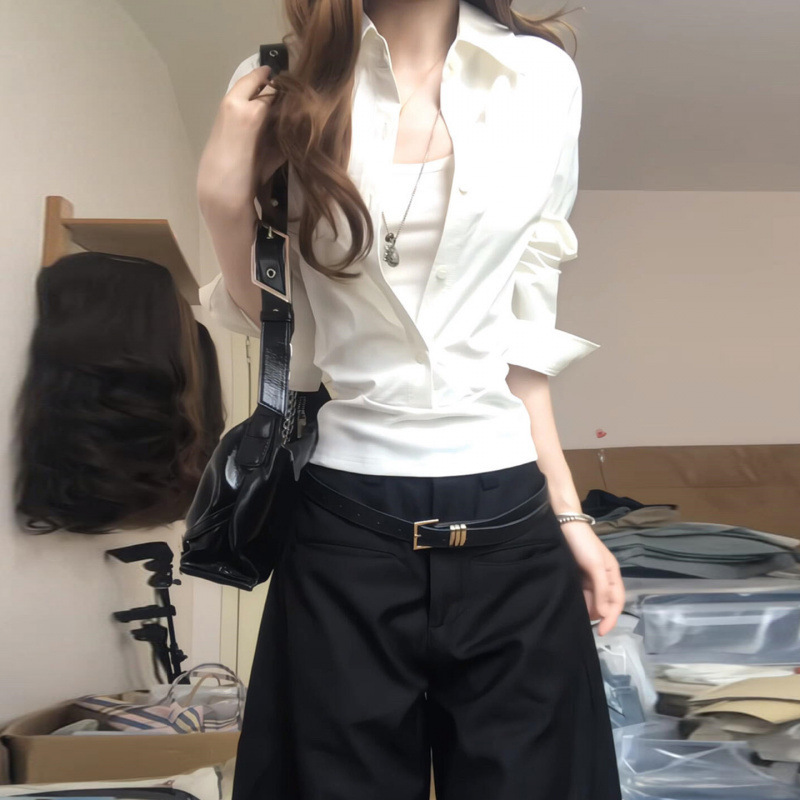 French-Style Pure Desire Spicy Girl White Faux Two-Piece Shirt for Women, Summer Design with a Cinched Waist, Slimming Shirt Jacket Top French-Style Pure Desire Spicy Girl White Faux Two-Piece Shirt for Women, Summer Design with a Cinched Waist, Slimming Shirt Jacket Top