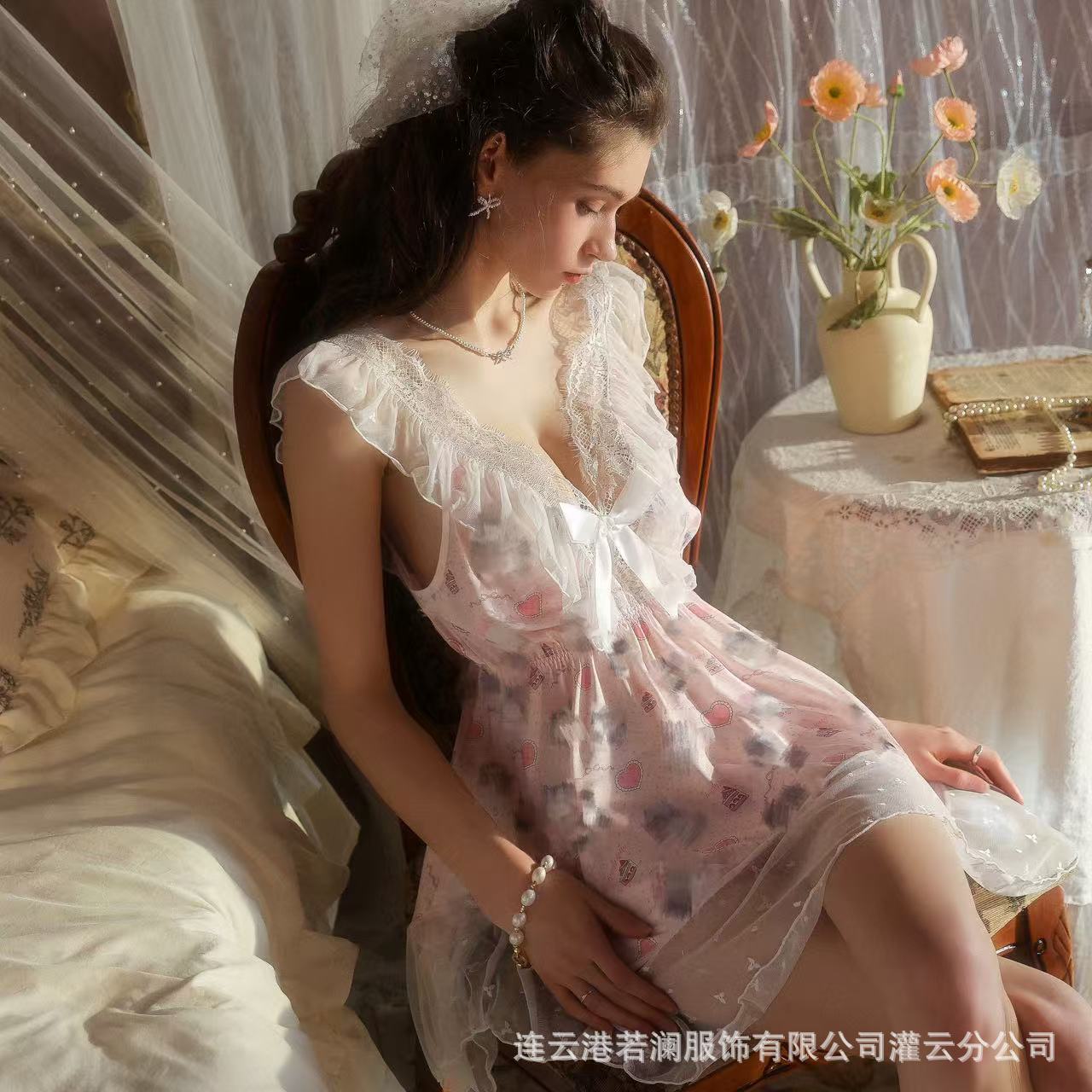 Cupid Kitten Sexy Suspender Nightgown Pure Desire Cute Pajamas Women Summer Bow Lace Home Nightgown 9835