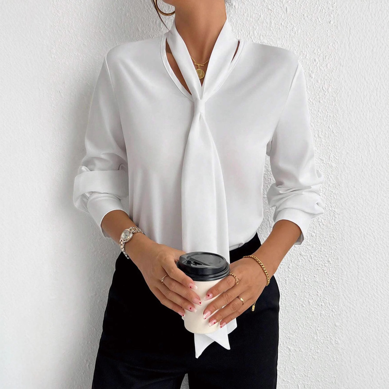 Women's Solid Color Lace-Up Long Sleeve Formal Work Shirt
