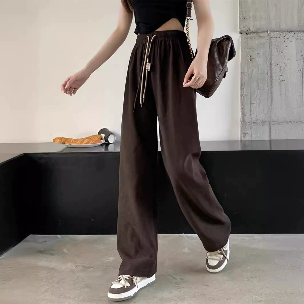 Курточная тонкая осенняя брюки из велюра для отдыха, шнурок, высокая талия, свободный прямой крой