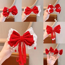 女童过年蝴蝶结头饰儿童红色喜庆后压发卡中国风发饰女孩新年发夹
