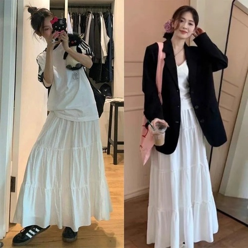 2025 White Cake A-line Skirt Women's Summer High-Waisted Lazy Elegant Fairy Dress Short Length Skirt for Petite Women