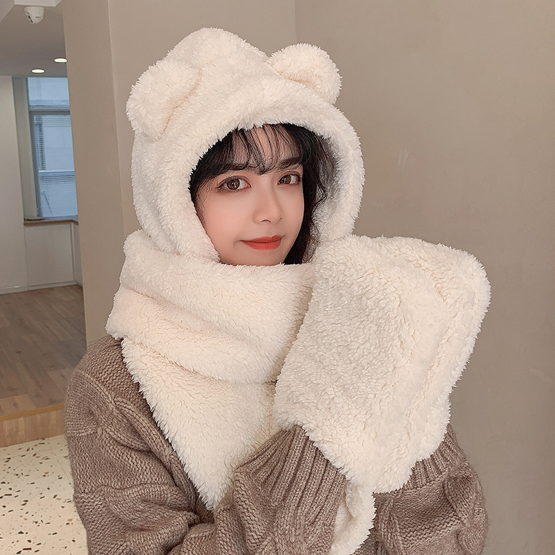 Sombrero de oso engrosado invierno de las mujeres sombrero de felpa bufanda guantes integrados orejeras calientes bufanda con capucha conjunto de tres piezas