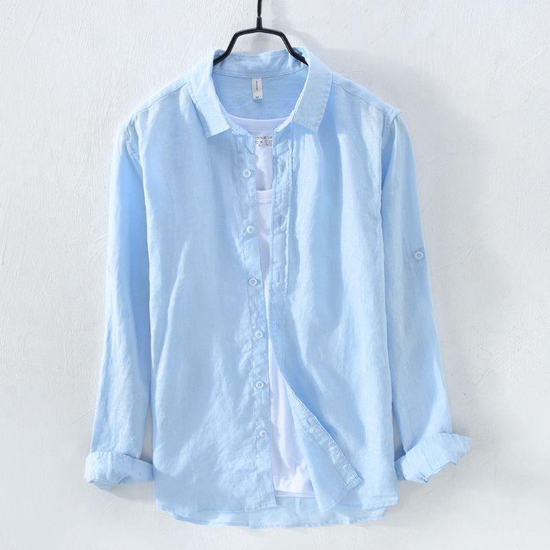 Camisa de lino de manga larga blanca transpirable en la playa Camisa de lino de algodón y lino delgada delgada informal para hombre