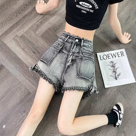 流苏牛仔短裤女夏季薄款高腰宽松阔腿设计感毛边高街ins辣妹热裤