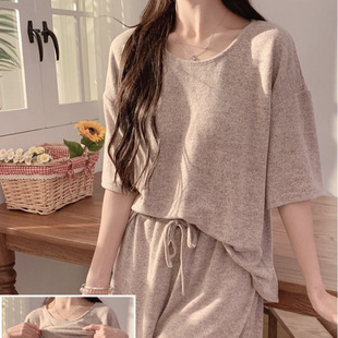 Women's Summer Short-Sleeved Pajamas with Breast Pads, Maillard Japanese Style Colored Cotton Shorts That Can Be Worn Outside, Simple Lazy Style Home Clothes