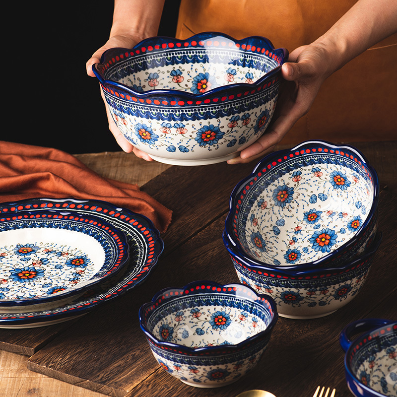 Polish Poxi ethnic style flower hand painted underglaze household ceramic bowl dish suit noodle soup large Bowl Spoon cross-border