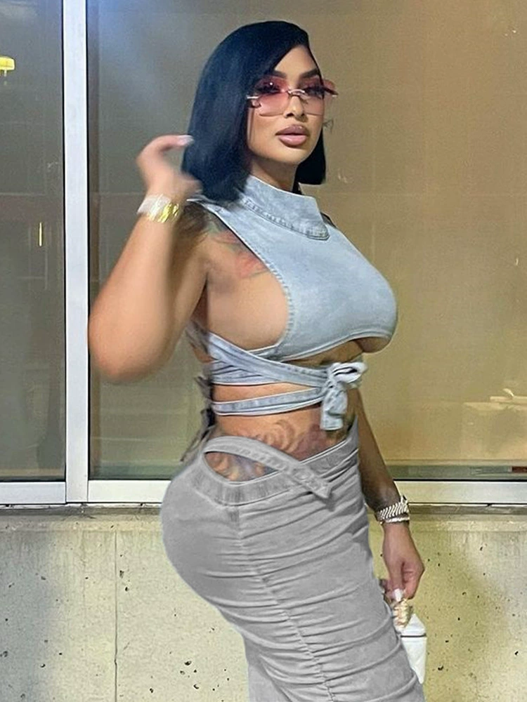 41153THG модный новый sexy бюстwrap кружевной вырез из денима топ европейская и американская внешняя торговля кросс-бордер женская одежда оптом