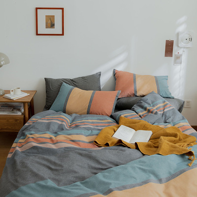 全棉水洗棉四件套日式簡約格子條紋床上用品雙人1.5米1.8米床笠款