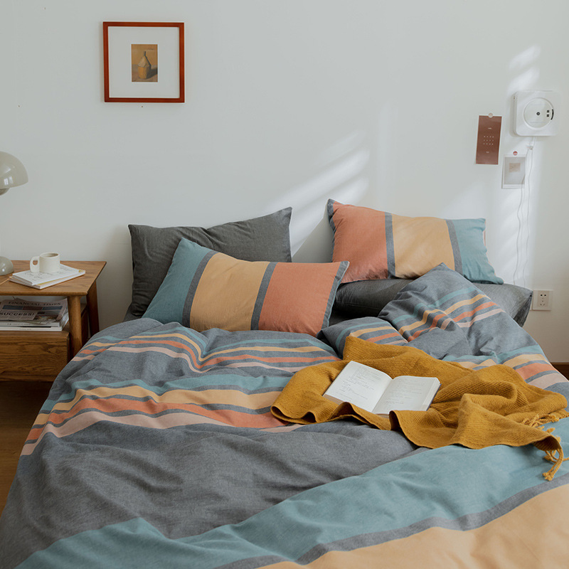 全棉水洗棉四件套日式简约格子条纹床上用品双人1.5米1.8米床笠款|ms