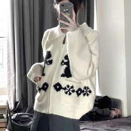 兔子提花翻领拉链毛衣外套女秋冬日系复古慵懒风撞色软糯针织开衫