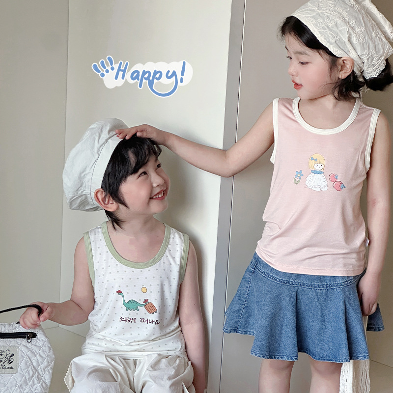 Children's vest 2025 summer new style boys and girls cartoon print Youkesi baby sleeveless top three sets