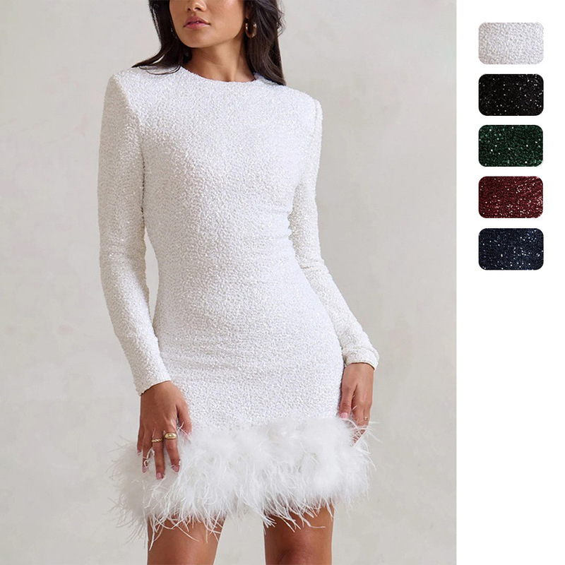 Amazon Independent Site European and American Women's Clothing Sexy Dress Long-Sleeved Solid Color Sequined Feather Dress Round Neck Women's 8102 Amazon Independent Site European and American Women's Clothing Sexy Dress Long-Sleeved Solid Color Sequined Feather Dress Round Neck Women's 8102