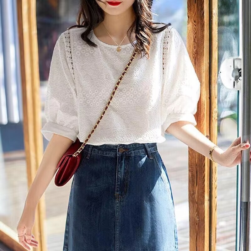Foreign trade cross-border independent website summer short-sleeve top for women, lace shirt, loose and simple, trendy plus-size design