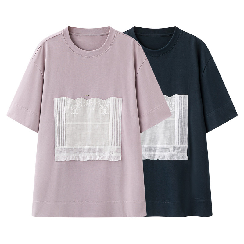 In Stock 2026 Summer New Style Loose-Fitting Color-Blocking Fabric Patchwork Embroidered T-Shirt 2K2Ba17