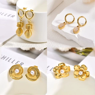 金色猫眼石不锈钢耳环中古夸张耳饰轻奢高级感复古花朵珍珠耳钉女