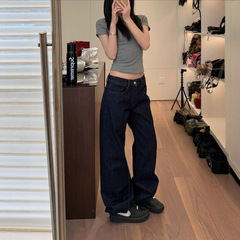 SUNONEOE 撞色原牛牛仔裤女夏直筒深色宽松松弛感水洗显瘦休闲裤
