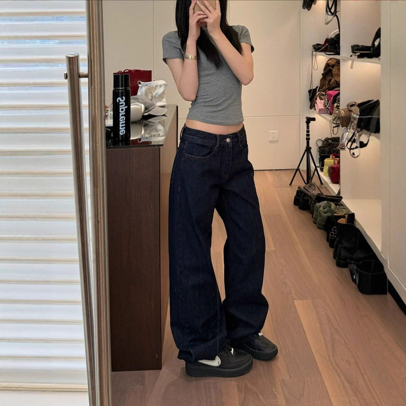 Sunoneoe Color-Blocked Raw Denim Jeans for Women, Summer Straight-Leg Dark Loose Fit, Relaxed Wash, Slimming Casual Pants