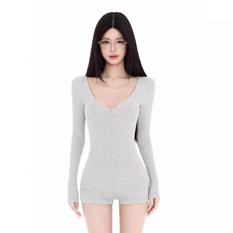 Sexy Style U-Neck One-Piece Jumpsuit for Women 2026 Spring and Autumn New Design Slim Fit Waist-Cinching Inner Shorts
