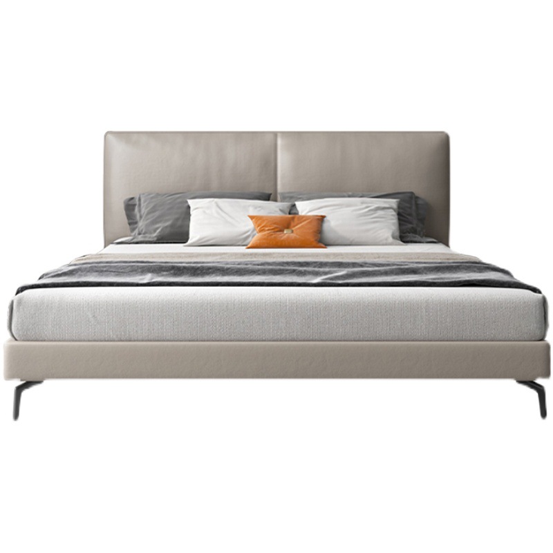 Cama de cuero real minimalista italiano cama doble de 1,8 m cama de borde de apartamento pequeño dormitorio minimalista moderno bolso suave cama de pierna alta