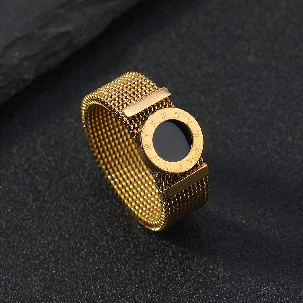 15g Weight 0.03µm-0.05µm Gold Plating Thickness PVD Coated Gold Plating Process Couple Men's Hip-Hop Rings Circle Letter Grid Titanium Steel Punk Rings