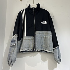 ファッションブランド春秋新作黒デニムステッチストライプコートレディース2024高級感ファー刺繍トップス