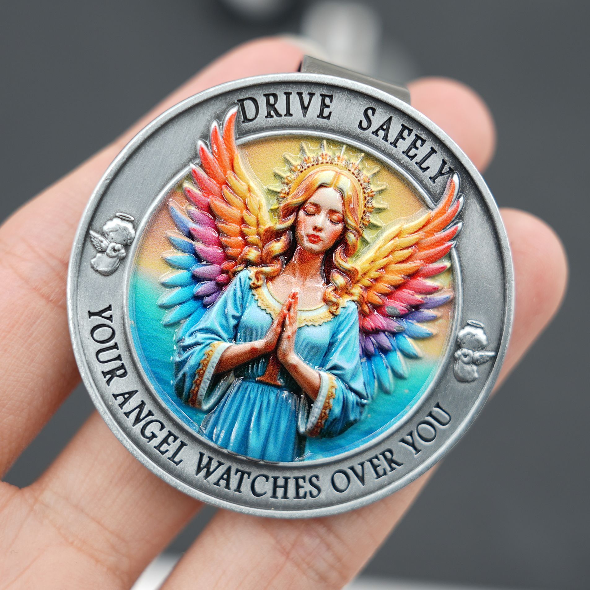 Jz34 Metal Car Sun Visor Clip, Guardian Angel Religious Pattern Car Ticket Holder, Creative Car Accessory