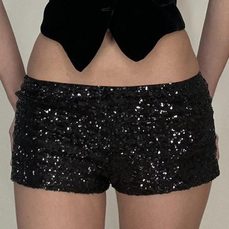 Party Style Sexy Shiny Low-Waist Shorts New Design Sequin Nightclub Pure Lust Black Elastic Hot Pants for Hot Girls