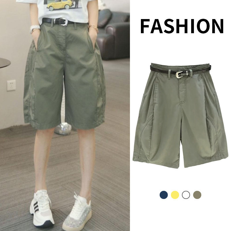 Washed Cotton Work Shorts for Women, Summer Loose Fit, High-Waisted, Slimming, Stylish Straight-Leg Wide-Leg Sports Shorts Washed Cotton Work Shorts for Women, Summer Loose Fit, High-Waisted, Slimming, Stylish Straight-Leg Wide-Leg Sports Shorts