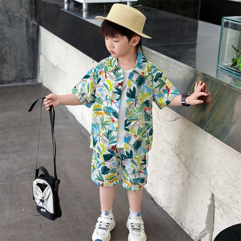 8091 traje de manga corta para niño 2025 nueva camisa de verano moda occidental hermosa ropa para niños de vacaciones en la playa