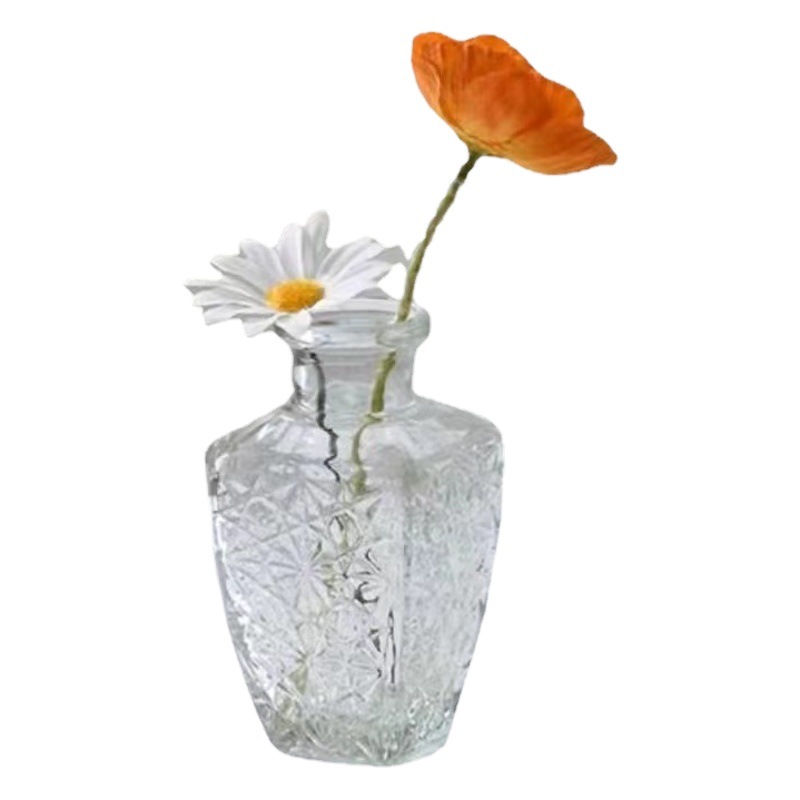 Venta al por mayor botella de aromaterapia vintage jarrón de vidrio transparente en relieve flor seca flor arreglo floral ins estilo Decoración Accesorios de cámara