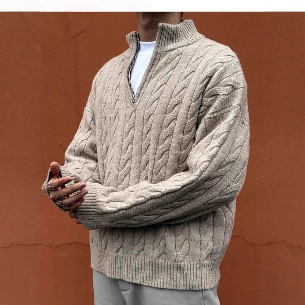 Embossed Hemp Pattern Thick Needle British Style Half-Zip Knitwear Men's Winter High-End Mid-Collar Inner Knitwear Jacket