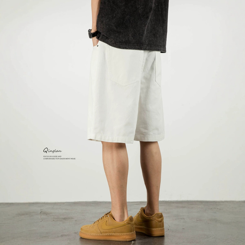 White Denim Shorts for Men, Loose Fit, Large Size, Trendy, Versatile, Over-The-Knee Straight-Cut Mid-Length Pants, Summer Thin Casual Shorts