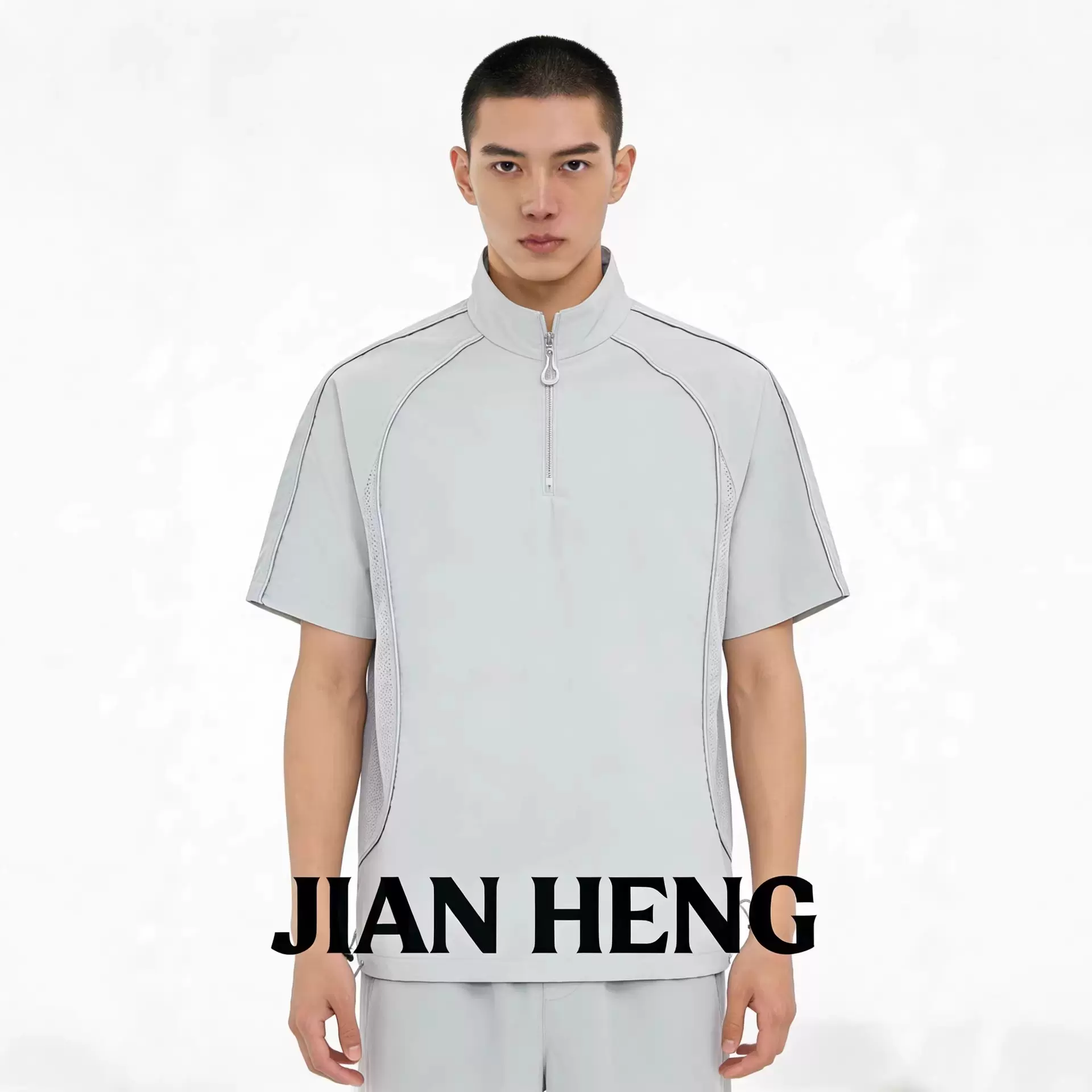 简恒新款夏速干半拉链立领短袖T恤男士宽松休闲网眼透气运动上衣T