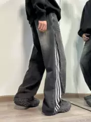 Three-Stripe Patchwork Jeans Men's Fall New American Streetwear Hip-Hop Loose Straight Casual Pants
