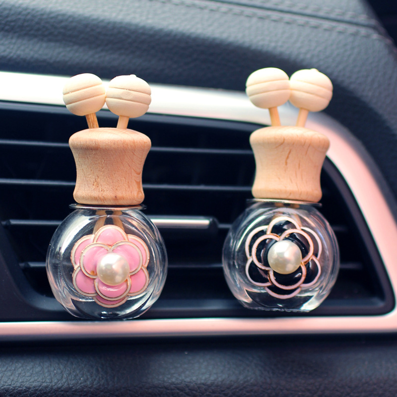 Aire acondicionado de coche, clip de salida de aire, flor de perla, botella de aromaterapia, perfume de coche, botella vacía de vidrio, accesorios de coche, decoración femenina