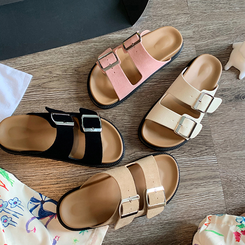Vacaciones de Grape Mom Texas ~ Piel de vaca retro plataforma doble hebilla zapatillas Birken sandalias y zapatillas de verano para mujer