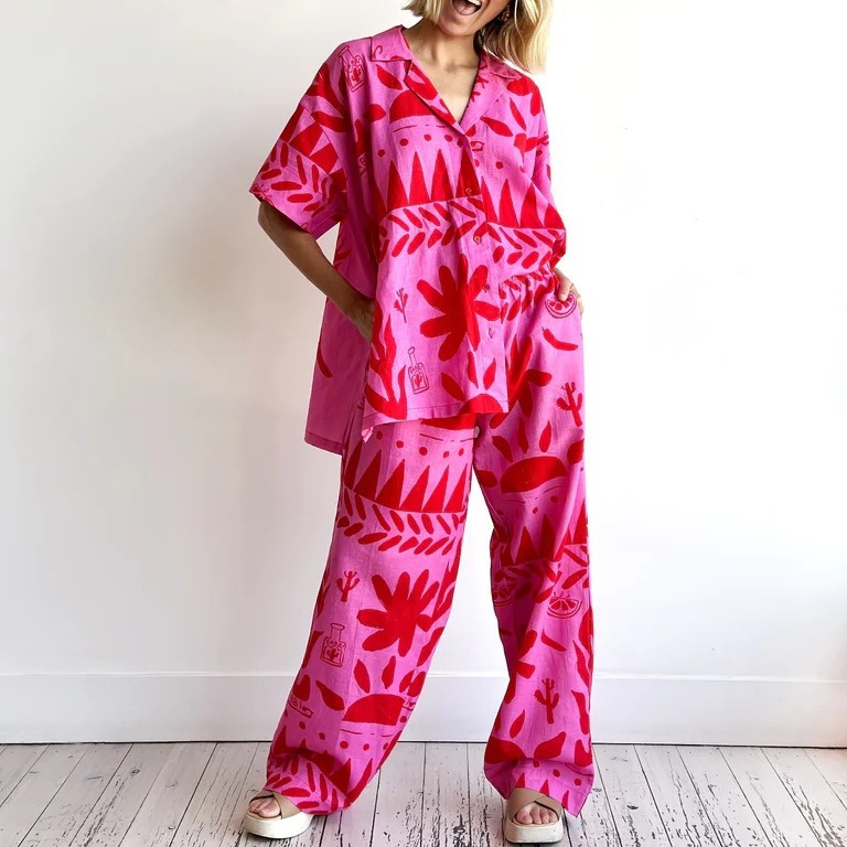 385g Weight Short Sleeve Sleeve Length Holiday Beach Date Women's Vacation Printing Linen Polyester Printing Pant Co-ord Set Pants Sets