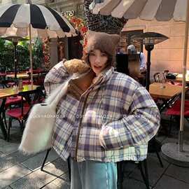 DULA好好家 格子短款立领棉衣外套女冬2025新款加厚保暖面包棉服