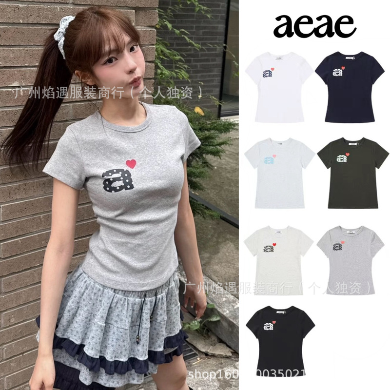 In-Stock Korean Aeae Short-Sleeve Heart Letter a Print T-Shirt Slim Fit Short Women's Polka Dot Round Neck Top Available for Dropshipping